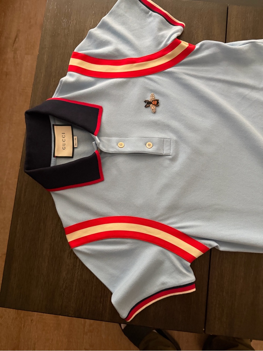 Gucci Light Blue Polo with Embroidered Bee Detail
